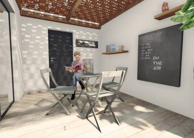 Rendu 3D terrasse en bois clair avec table et chaises d'extérieur